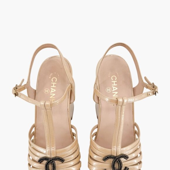 Chanel CC Platform Wedge Sandals Size 41 US 10-10.5 Beige Patent Strappy Logo - Picture 5 of 16